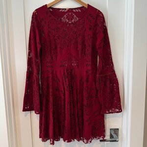 Free People Burgundy Lace Long Sleeve Dress